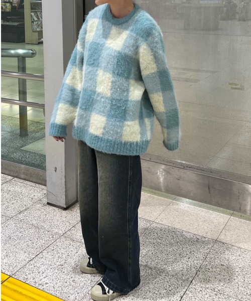 shesame(シーセム)の「モヘアライク起毛チェックニット(ニット/セーター・レディース・ブルー/ブラウン/カーキ・MEDIUM/LARGE)」の14枚目の写真