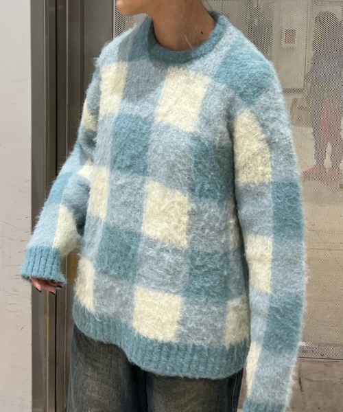 shesame(シーセム)の「モヘアライク起毛チェックニット(ニット/セーター・レディース・ブルー/ブラウン/カーキ・MEDIUM/LARGE)」の4枚目の写真