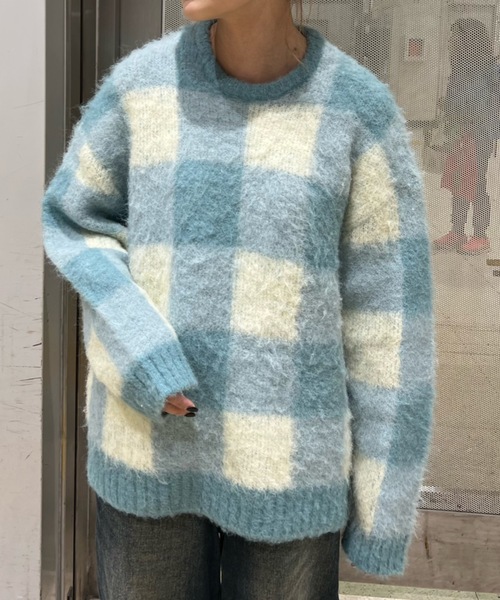 shesame(シーセム)の「モヘアライク起毛チェックニット(ニット/セーター・レディース・ブルー/ブラウン/カーキ・MEDIUM/LARGE)」の7枚目の写真