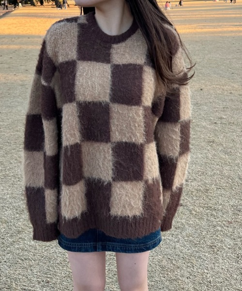 shesame(シーセム)の「モヘアライク起毛チェックニット(ニット/セーター・レディース・ブルー/ブラウン/カーキ・MEDIUM/LARGE)」の18枚目の写真