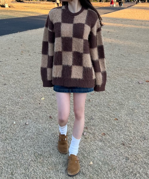 shesame(シーセム)の「モヘアライク起毛チェックニット(ニット/セーター・レディース・ブルー/ブラウン/カーキ・MEDIUM/LARGE)」の13枚目の写真