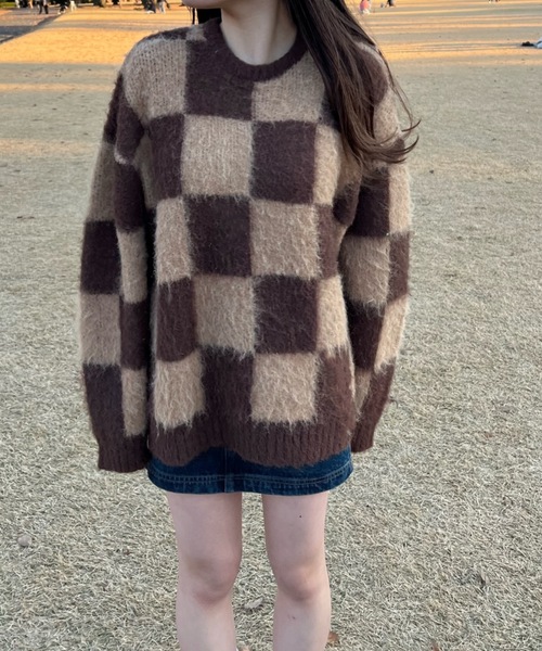 shesame(シーセム)の「モヘアライク起毛チェックニット(ニット/セーター・レディース・ブルー/ブラウン/カーキ・MEDIUM/LARGE)」の11枚目の写真