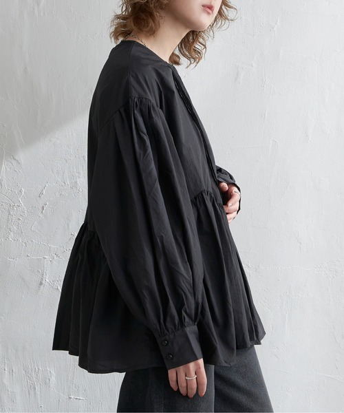 LOEFF◆ギャザーブラウス/FREE/ナイロン/NVY/8811-299-0052 LOEFF｜《手洗い可》スタンドカラーギャザーブラウス