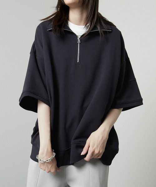 Alfred Alex(アルフレッドアレックス)の「【Alfred Alex】ラバーロゴ ビッグハーフジップ半袖プルオーバー スウェT(スウェット・メンズ・ナチュラル/杢グレー/ブラック/ネイビー/チャコール・L/M)」の5枚目の写真