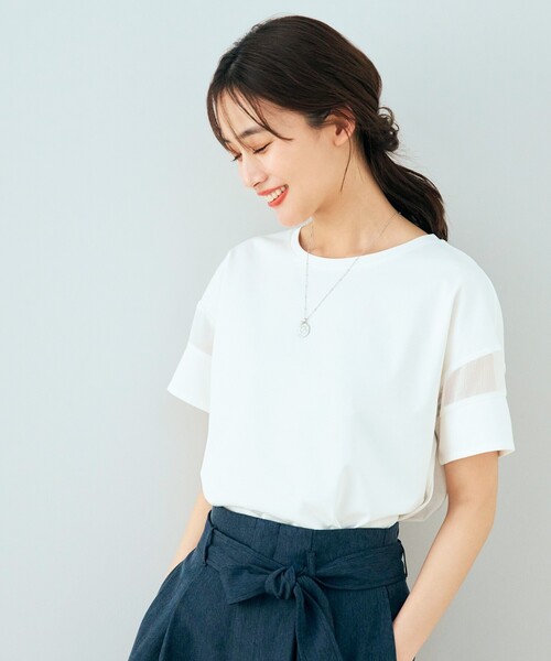 grove（グローブ）の「◆【嬉しい多機能】COTTON USA 袖シアーTシャツ（Tシャツ/カットソー・レディース・サンドベージュ/ブラック/ブルー/オフホワイト/ライトイエロー系・03/02/01/04/05）」の2枚目の写真