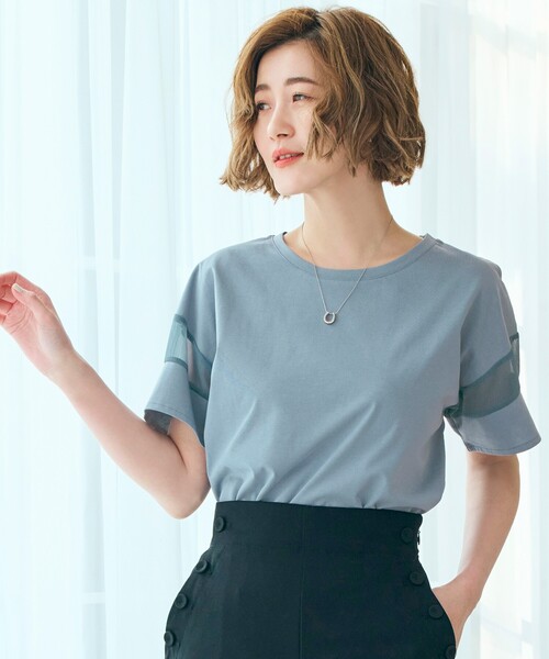 grove（グローブ）の「◆【嬉しい多機能】COTTON USA 袖シアーTシャツ（Tシャツ/カットソー・レディース・サンドベージュ/ブラック/ブルー/オフホワイト/ライトイエロー系・03/02/01/04/05）」の5枚目の写真