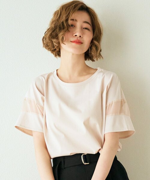 grove（グローブ）の「◆【嬉しい多機能】COTTON USA 袖シアーTシャツ（Tシャツ/カットソー・レディース・サンドベージュ/ブラック/ブルー/オフホワイト/ライトイエロー系・03/02/01/04/05）」の4枚目の写真