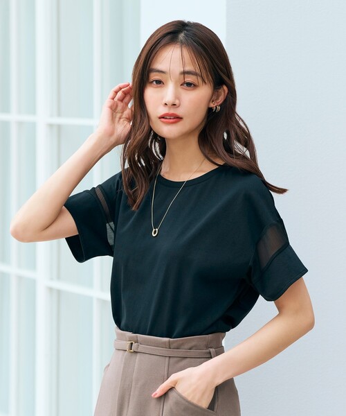 grove（グローブ）の「◆【嬉しい多機能】COTTON USA 袖シアーTシャツ（Tシャツ/カットソー・レディース・サンドベージュ/ブラック/ブルー/オフホワイト/ライトイエロー系・03/02/01/04/05）」の3枚目の写真