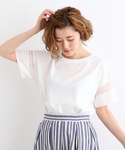 grove（グローブ）の「◆【嬉しい多機能】COTTON USA 袖シアーTシャツ（Tシャツ/カットソー・レディース・サンドベージュ/ブラック/ブルー/オフホワイト/ライトイエロー系・03/02/01/04/05）」の19枚目の写真