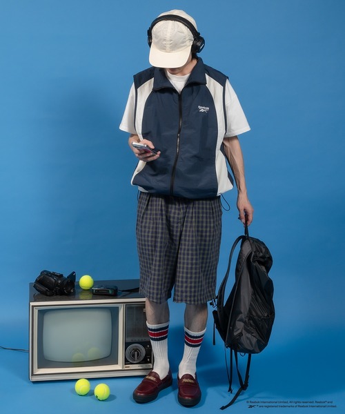Reebok /Perushu別注ナイロンベスト/パンツ セットアップ セール】Reebok／Perushu別注 スタンドネック配色切り替え