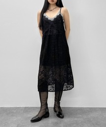 【LVEU.】シアーレースキャミワンピース / ワンピース ワンピ レース シアー キャミ キャミワンピ レイヤード メッシュ 花柄 ボタニカル フリンジ ブラック ホワイト