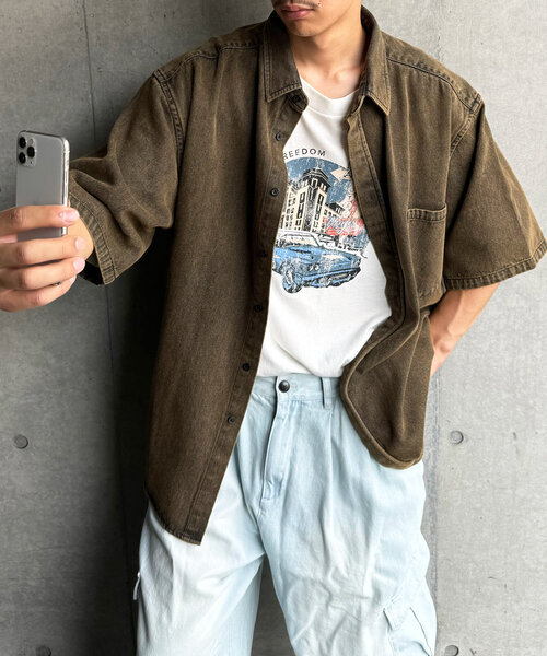 CIAOPANIC(チャオパニック)の「【ユニセックス】オーバーダイデニムシャツ(シャツ/ブラウス・レディース・ブラック/ネイビー/ブラウン/サックスブルー・FREE)」の3枚目の写真