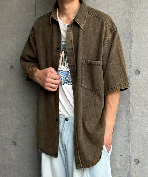 チャオパニック✨️ユニセックス✨️ブラウン✨️✨️✨️オーバーダイデニムシャツ チャオパニック✨️ユニセックス✨️ブラウン