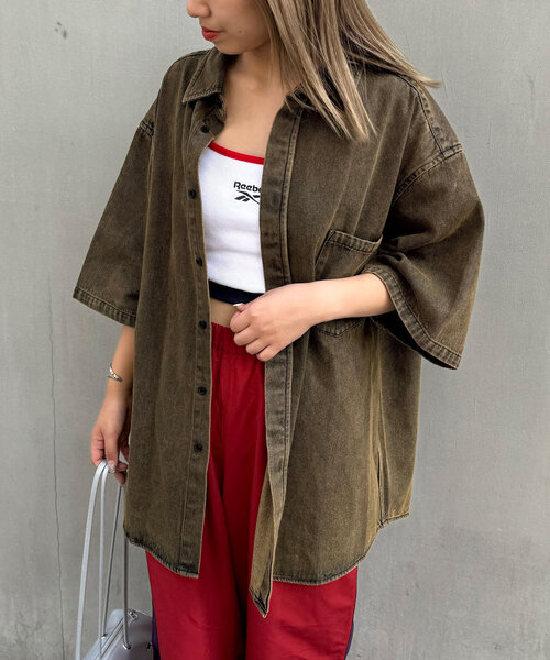 チャオパニック✨️ユニセックス✨️ブラウン✨️✨️✨️オーバーダイデニムシャツ チャオパニック✨️ユニセックス✨️ブラウン