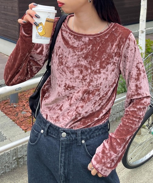 Chillfar(チルファー)の「カラーベロアロンTEE(Tシャツ/カットソー・レディース・ネイビー/ピンク/アイボリー/ブラック/グレー/ブルー/バーガンディー・FREE)」の6枚目の写真