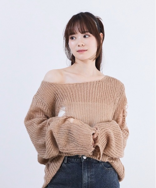 タグ付き未使用^_^ペーパーヤーンメッシュルーズニット ニット セーター メッシュニットプルオーバー レディース