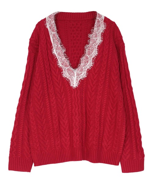 ミエット miette レースVネックケーブル編みニット （ブラック） ミエット miette レースVネックケーブル編みニット （ブラック