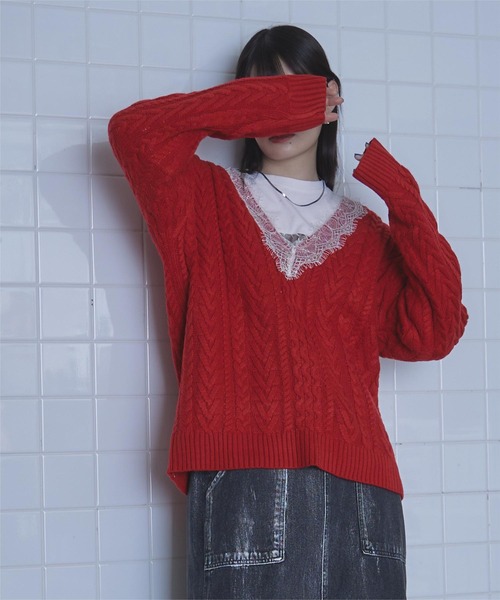 ミエット miette レースVネックケーブル編みニット （ブラック） ミエット miette レースVネックケーブル編みニット （ブラック