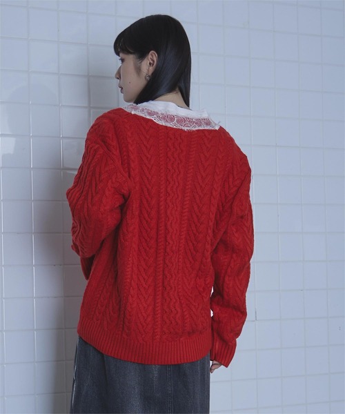 ミエット miette レースVネックケーブル編みニット （レッド） レースVネックケーブル編みニット（ニット/セーター）｜miette