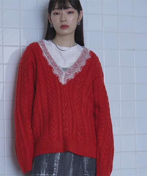 ミエット miette レースVネックケーブル編みニット （レッド） ミエット miette レースVネックケーブル編みニット （レッド