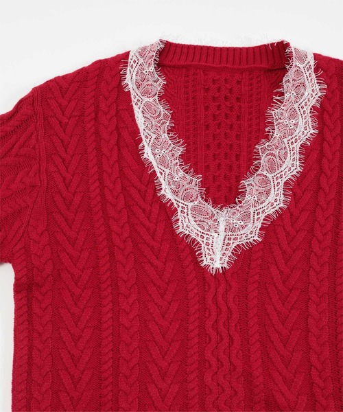 ミエット miette レースVネックケーブル編みニット （レッド） ミエット miette レースVネックケーブル編みニット （レッド