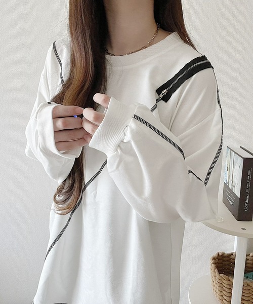 セール】ショルダーファスナーステッチロングTシャツ（Tシャツ