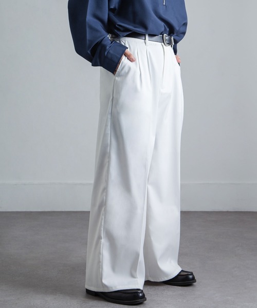 NILWAY（ニルウェイ）の「420g/m TR 2タック センタープレス ワイドストレートスラックス / 2タック デザイン ワイドストレートスラックス 【セットアップ対応】（スラックス・メンズ・モスグリーン系/チャコール/ブラック/ネイビー/ホワイト・SMALL/MEDIUM/LARGE）」の2枚目の写真