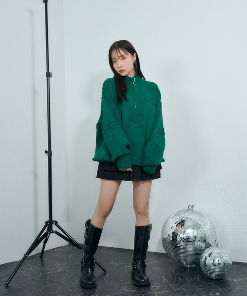 ANDGEEBEE(アンジービー)の「UNISEX モノグラムハーフジップニット(ニット/セーター・レディース・グリーン/アイボリー・FREE)」の5枚目の写真