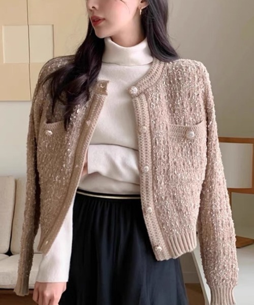 Ritzy(リッツィー)の「ショート丈 ツィード風 ラウンドカラー カーディガン(カーディガン/ボレロ・レディース・ホワイト/ベージュ/グレー/ブラック・FREE)」の4枚目の写真