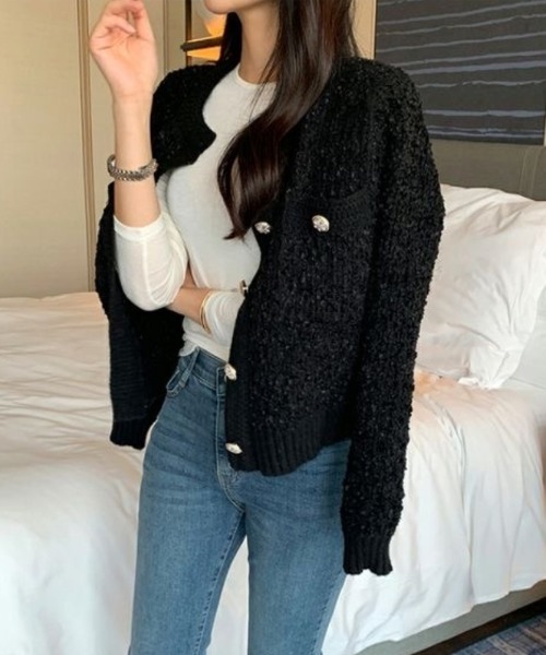 Ritzy(リッツィー)の「ショート丈 ツィード風 ラウンドカラー カーディガン(カーディガン/ボレロ・レディース・ホワイト/ベージュ/グレー/ブラック・FREE)」の2枚目の写真
