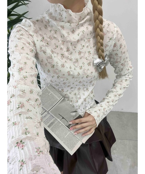 PHILLY（フィリー）の「【PHILLY】リトルフラワーハイネックトップス（Tシャツ/カットソー・レディース・ピンク/ホワイト・FREE）」の9枚目の写真