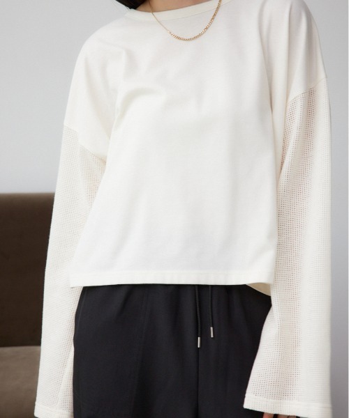 AZUL by moussy(アズールバイマウジー)の「メッシュスリーブTシャツ(Tシャツ/カットソー・レディース・イエロー/オフホワイト/ブラック・FREE)」の1枚目の写真