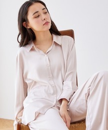 ジェラートピケ　サテン　ルームウェアset ハート 柄サテンセット（シャツ＋ロングパンツ） ルームウェア