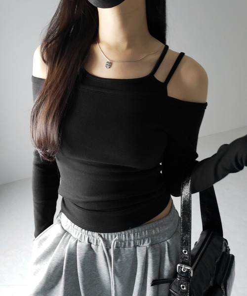 【 ２color 】レイヤードダブルストラップオフショルトップス ／ layerd double strap off shoulder tops（Tシャツ/カットソー）｜me+em select（ミームセレクト）