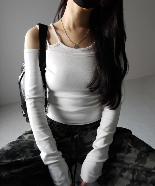 me+em select（ミームセレクト）の「※【 ２color 】レイヤードダブルストラップオフショルトップス ／ layerd double strap off shoulder tops（Tシャツ/カットソー・レディース・ブラック/ホワイト・SMALL）」の7枚目の写真