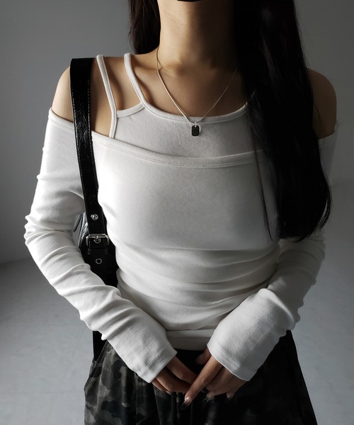 me+em select（ミームセレクト）の「※【 ２color 】レイヤードダブルストラップオフショルトップス ／ layerd double strap off shoulder tops（Tシャツ/カットソー・レディース・ブラック/ホワイト・SMALL）」の10枚目の写真