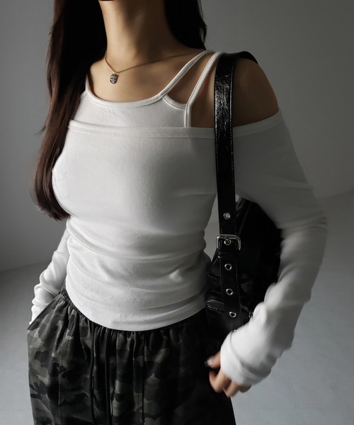 me+em select（ミームセレクト）の「※【 ２color 】レイヤードダブルストラップオフショルトップス ／ layerd double strap off shoulder tops（Tシャツ/カットソー・レディース・ブラック/ホワイト・SMALL）」の12枚目の写真