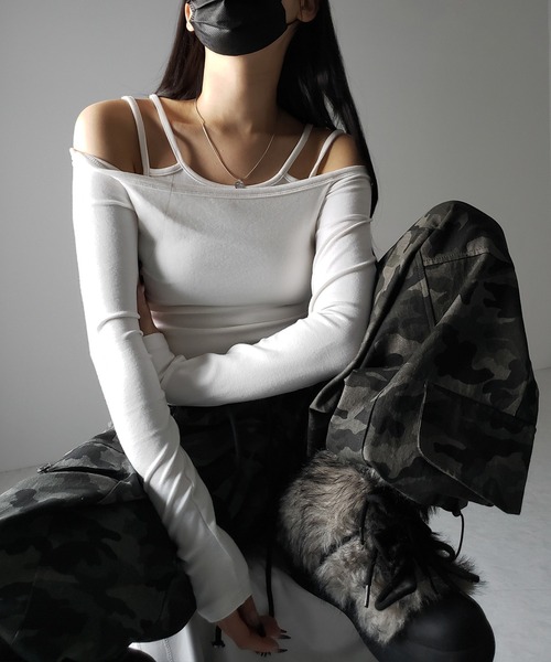 me+em select（ミームセレクト）の「※【 ２color 】レイヤードダブルストラップオフショルトップス ／ layerd double strap off shoulder tops（Tシャツ/カットソー・レディース・ブラック/ホワイト・SMALL）」の13枚目の写真