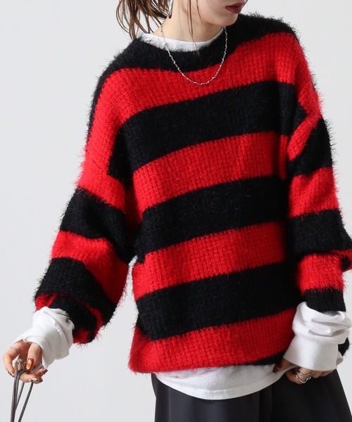 FUNALIVE（ファンアライブ）の「Feather yarn border crew neck knit / フェザーヤーンボーダークルーネックニット unisex（ニット/セーター・メンズ・ホワイト/レッド・M/L）」の2枚目の写真