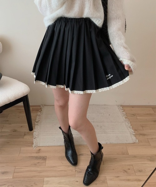 the simple folk スカート セール】【HOOK】for girls ワンポイント制服風レース裾プリーツ