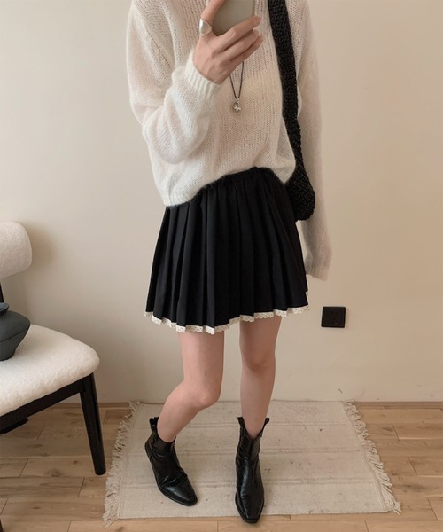 HOOK（フック）の「【HOOK】for　girls  ワンポイント制服風レース裾プリーツミニスカート（スカート・レディース・ブラック/ダークグレー/チョコ・S/M/L）」の13枚目の写真