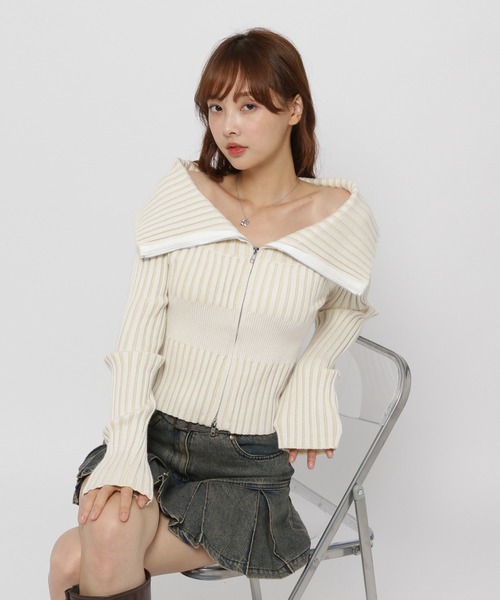 3.3 Field Trip （3.3フィールドトリップ）の「3.3 Field Trip／ZIPオフショルロングスリーブニット（カーディガン/ボレロ・レディース・ブラック/アイボリー/ピンク・FREE）」の2枚目の写真