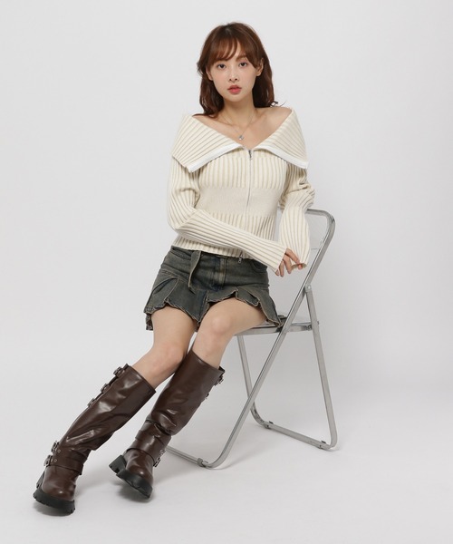 3.3 Field Trip （3.3フィールドトリップ）の「3.3 Field Trip／ZIPオフショルロングスリーブニット（カーディガン/ボレロ・レディース・ブラック/アイボリー/ピンク・FREE）」の9枚目の写真