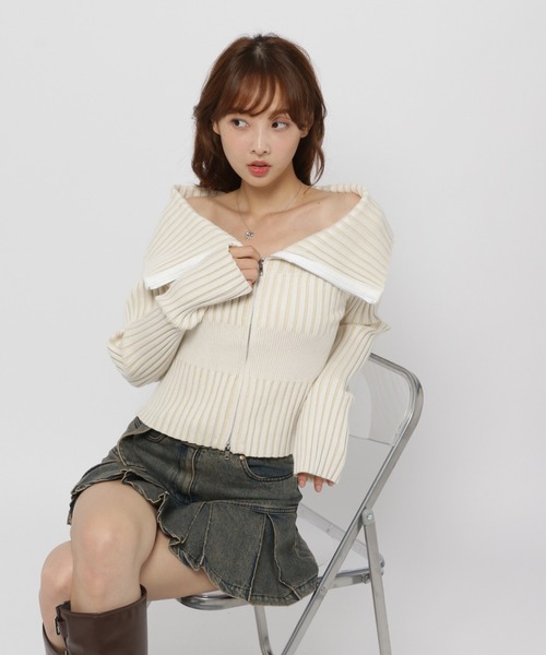 3.3 Field Trip （3.3フィールドトリップ）の「3.3 Field Trip／ZIPオフショルロングスリーブニット（カーディガン/ボレロ・レディース・ブラック/アイボリー/ピンク・FREE）」の13枚目の写真