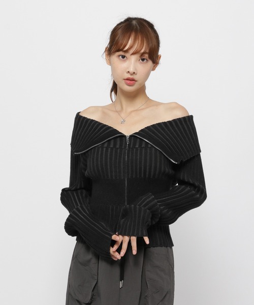 3.3 Field Trip （3.3フィールドトリップ）の「3.3 Field Trip／ZIPオフショルロングスリーブニット（カーディガン/ボレロ・レディース・ブラック/アイボリー/ピンク・FREE）」の7枚目の写真