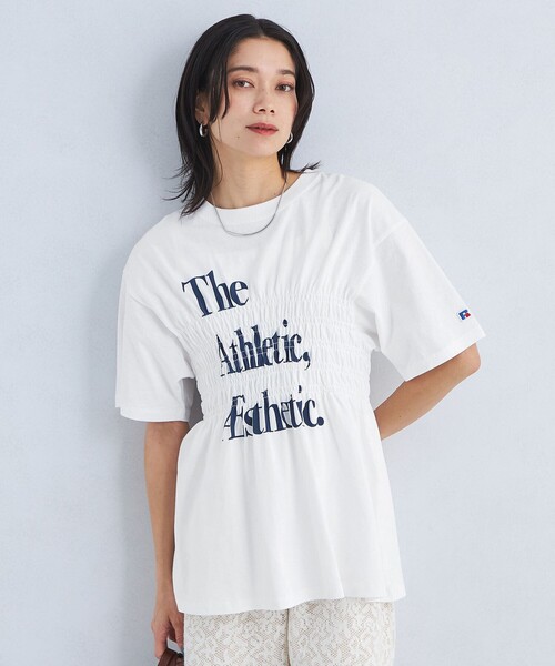 Russell Athletic（ラッセルアスレティック）の「【別注】＜RUSSELL ATHLETIC＞シャーリング プリント Tシャツ（Tシャツ/カットソー・レディース・オフホワイト/ブラック/ライトブルー・FREE）」の7枚目の写真