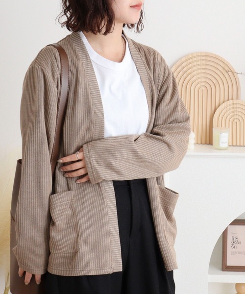 FUNALIVE(ファンアライブ)の「Rib knit no-collar cardigan / 畔編みノーカラーカーデ unisex(カーディガン/ボレロ・メンズ・ブラック/サックスブルー/ベージュ・L/M/XL)」の4枚目の写真