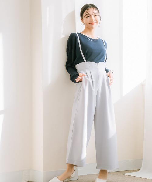 ウィンドストップ機能付きホワイトパンツ サイドビット付きストレッチワイドパンツ【洗濯機洗い可/吸水速