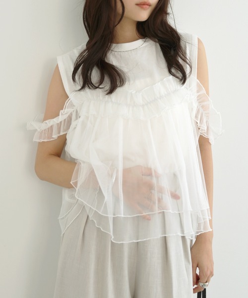 セール】ビスチェ風チュールドッキングノースリーブトップス（Tシャツ