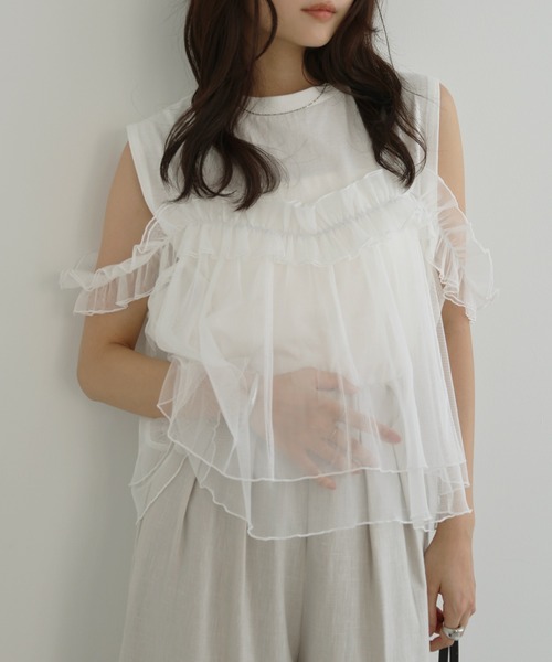 Freesia by andme(フリージアバイアンドミー)の「ビスチェ風チュールドッキングノースリーブトップス(Tシャツ/カットソー・レディース・オフホワイト/ブラック/チャコールグレー・M)」の20枚目の写真